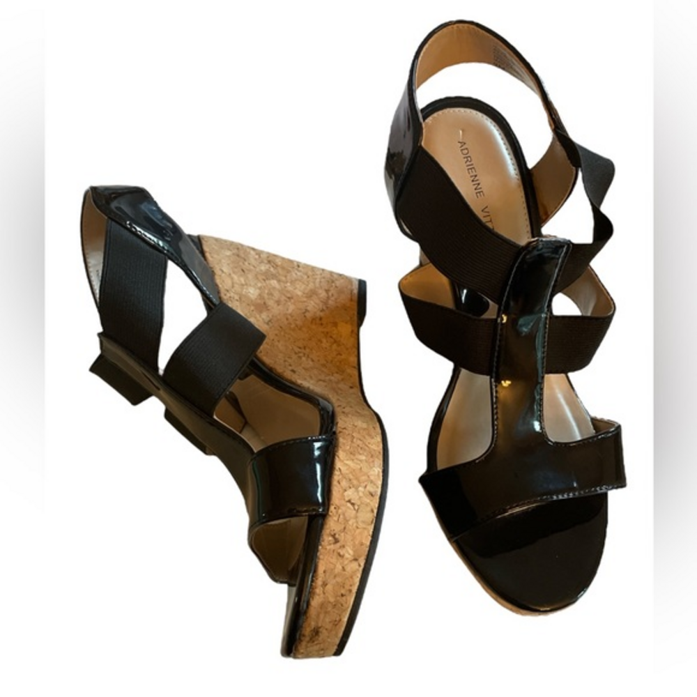 Adrienne Vittadini Chari Cork Wedge Platform Strappy Sandals Black‎ 9 NWOB